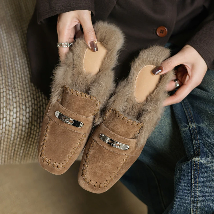 头层羊翻皮2cm～包头拖冬季平底法式复古保暖毛毛拖鞋外穿百搭舒适