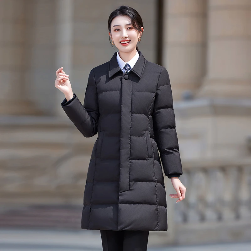 黑色职业装酒店银行销售加厚秋冬冬季新款棉服女钟长款外套2516