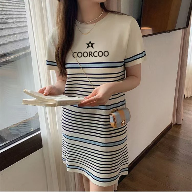 【粉丝专属】夏季女短袖条纹连衣裙宽松显瘦修身气质圆领t恤女裙289