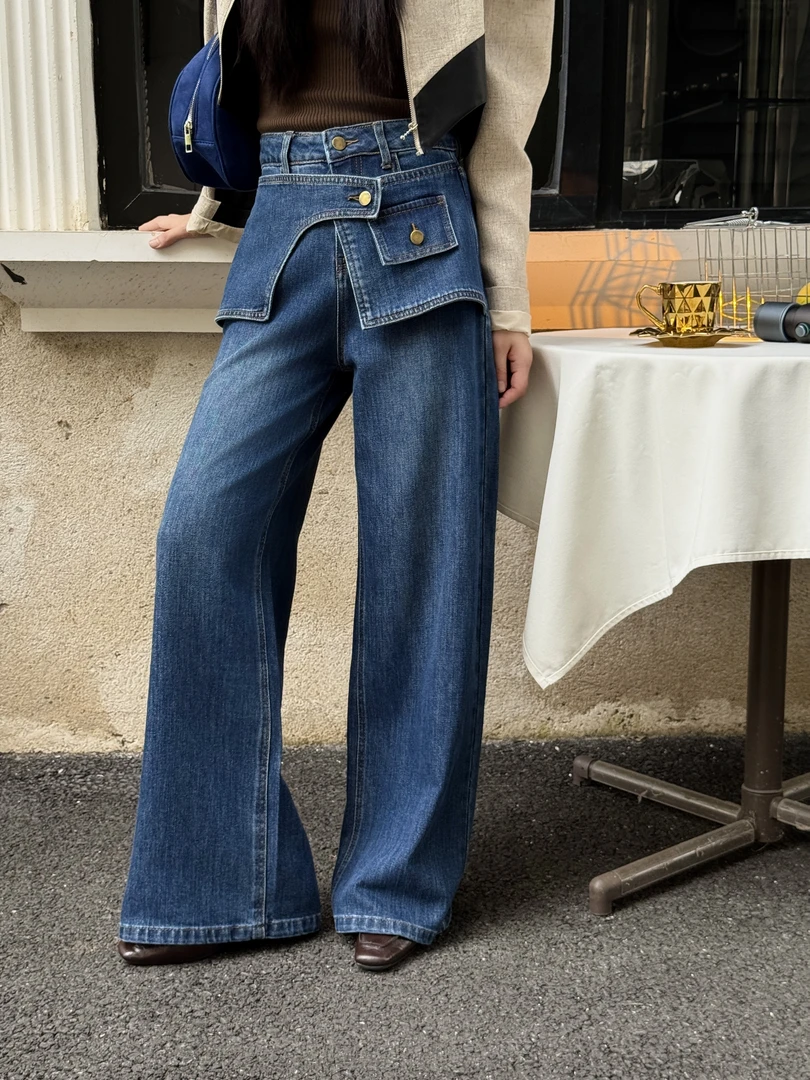 2025新款复古设计高腰阔腿显瘦百搭直筒拖地秋冬牛仔裤女阔腿裤