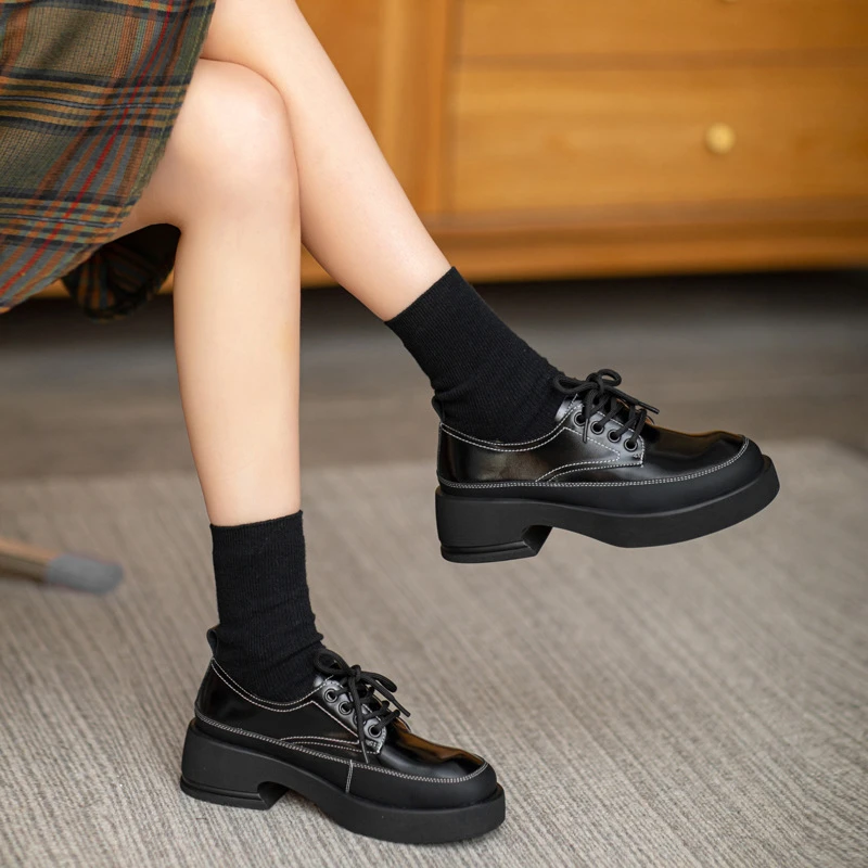 2025春季新款圆头系带休闲鞋复古真皮乐福鞋厚底英伦深口拼色单鞋