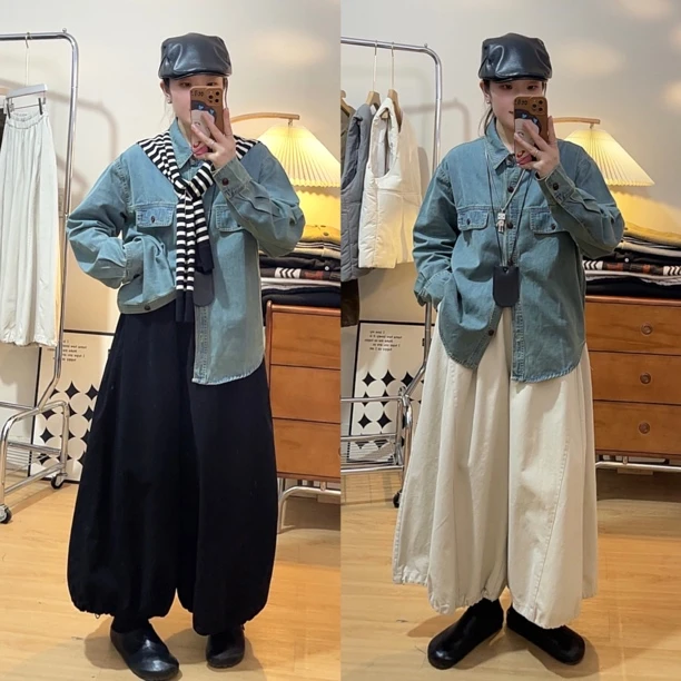 see Y自制 2025年春季新款 日系慵懒百搭阔腿裤 大裤脚裙裤