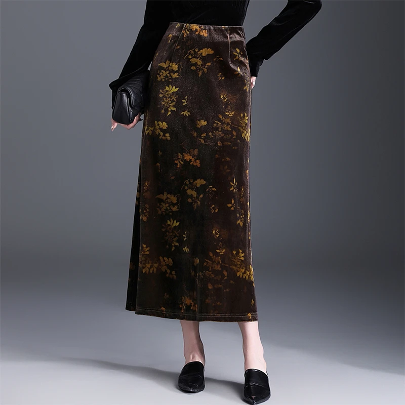 印花半身裙秋冬女2025新款中长裙侧开叉金丝绒包臀裙一步裙秋季