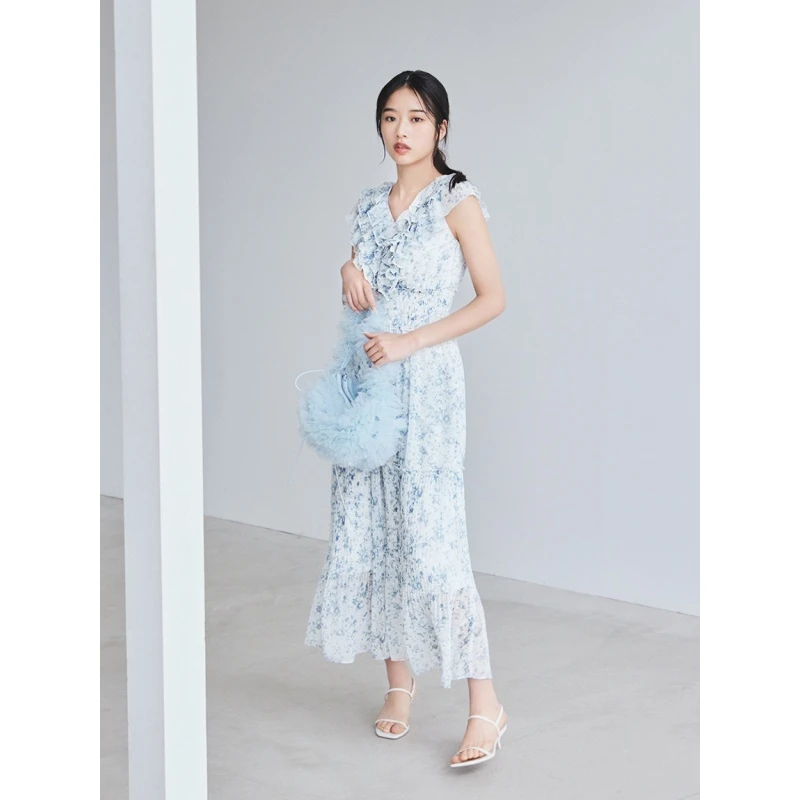 【胖虎家】 夏季新款 S 气质优雅多层荷叶边印花连衣裙