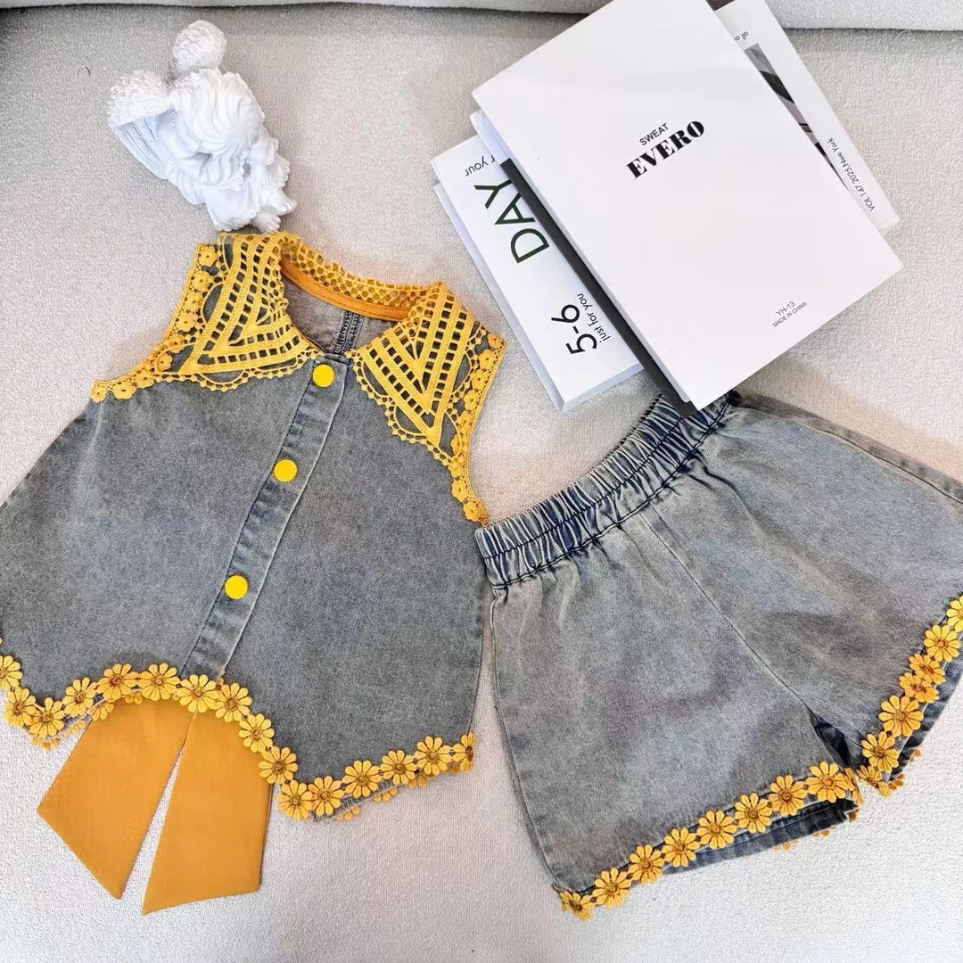 女童蝴蝶结娃娃衫短裤套装夏季2025新款甜美花边爱心镂空度假背心