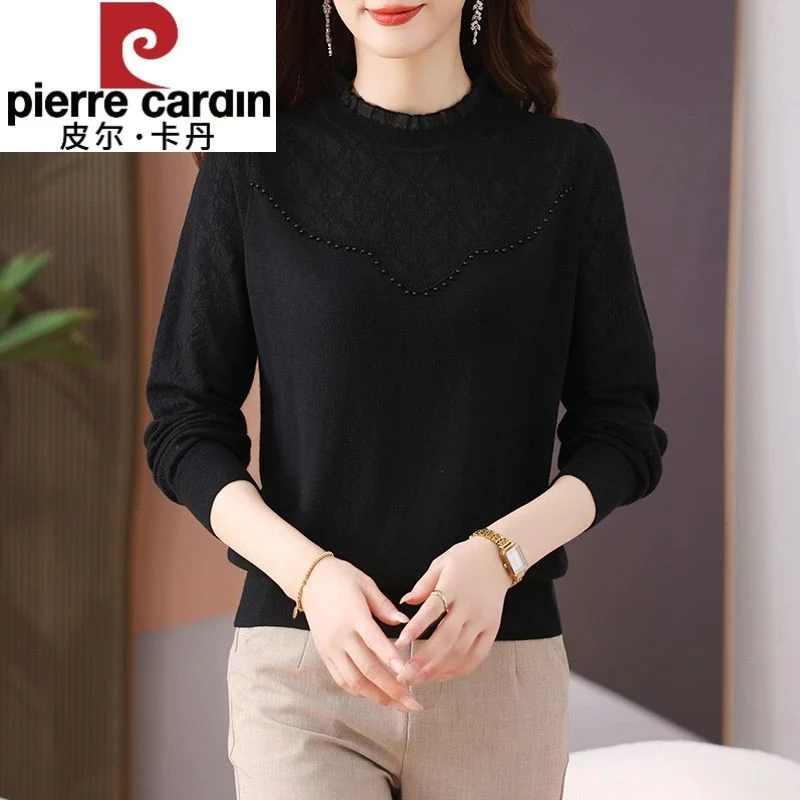 皮尔卡丹设计感小众钉珠小个子半高领毛衣女秋冬新款打底衫蕾丝花