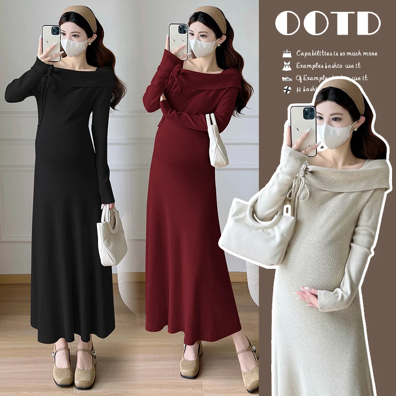 时髦孕妇装新款法式花朵长袖网红款高级感修身显瘦打底针织连衣裙