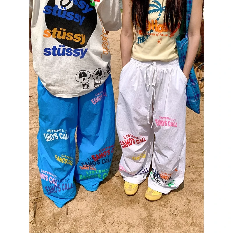 小小衿喜美式简约字母印花抽绳阔腿裤男女宽松休闲伞兵裤显瘦长裤