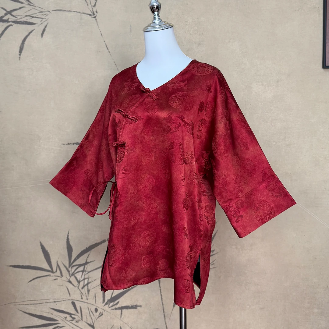 【卷卷新中式】万寿喜字纹！正红色V领50姆米香云纱植物草染毛衫
