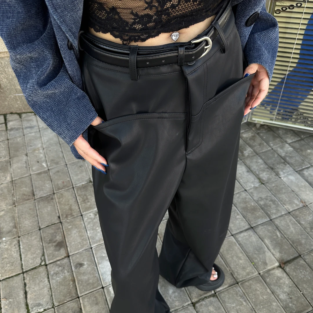 配腰带显瘦百搭皮裤直筒抓绒加厚休闲裤秋冬垂感松弛宽松阔腿裤