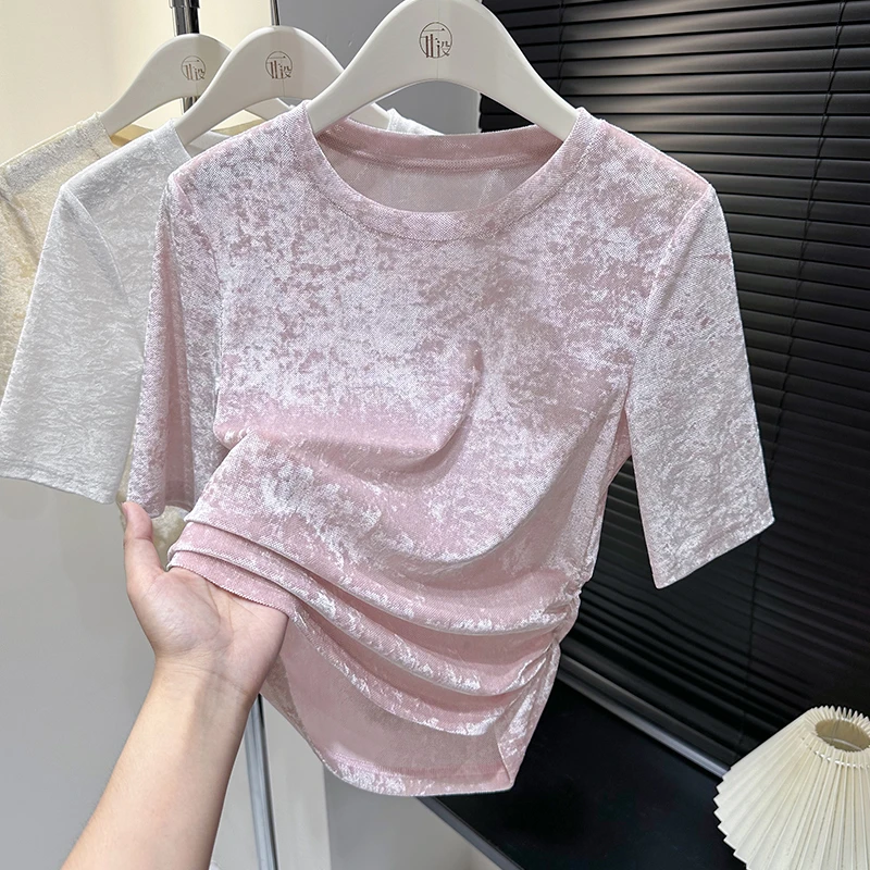 小众粉色简约圆领套头T恤上衣女秋季新款设计感钻石毛中袖打底衫