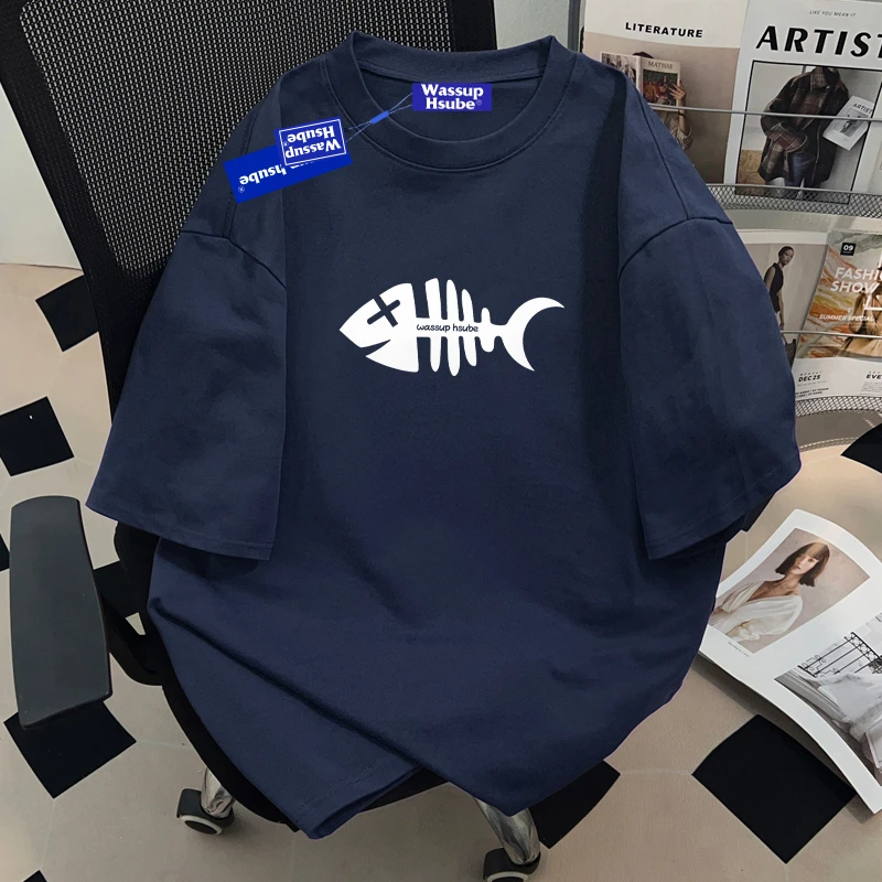 WASSUP HSUBE美式重磅纯棉鱼骨头短袖男女t恤夏季宽松圆领上衣