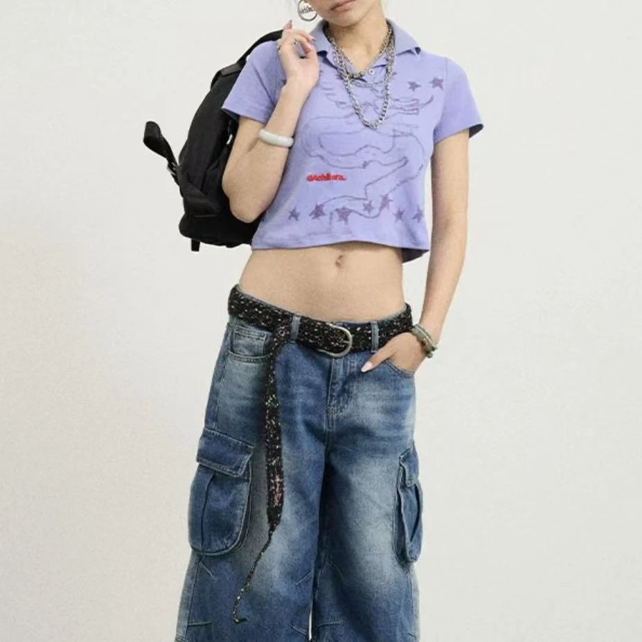 胖鹅张~Polo领纽扣星星印花正肩T恤#0628