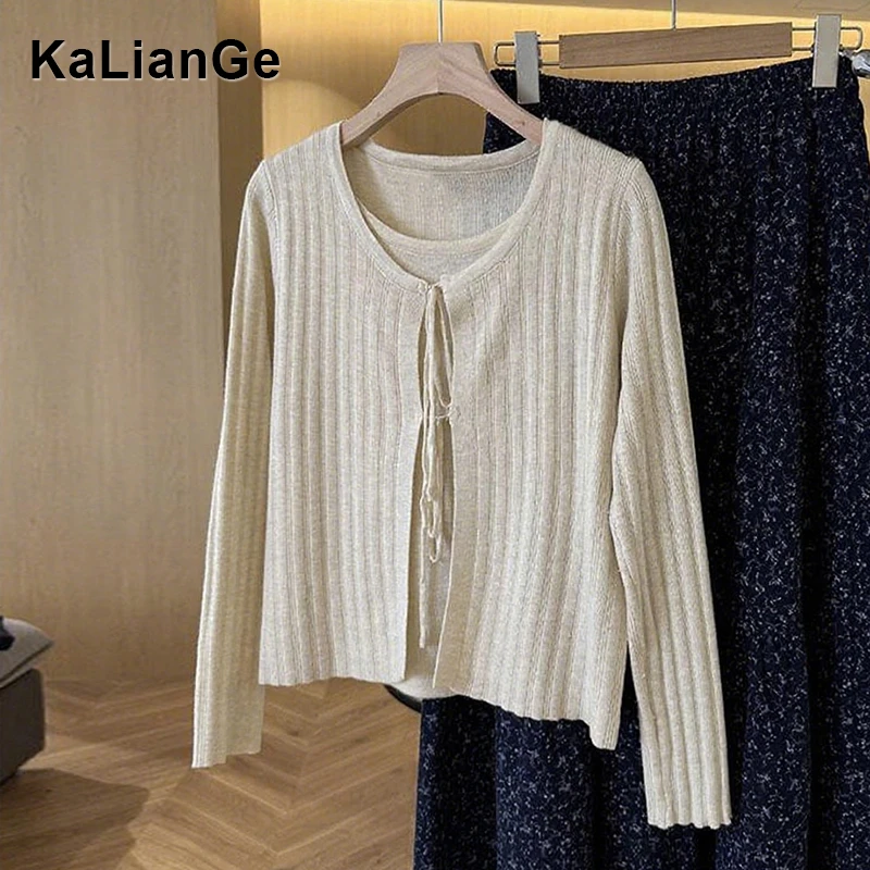 卡莲格/蝴蝶结圆领长袖针织衫女秋季新款显瘦气质内搭假两件上衣