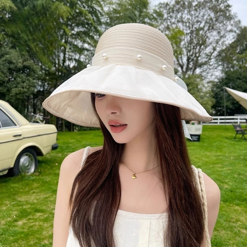 2025春夏季新款蝴蝶结网纱大檐防晒帽子女草编遮阳防紫外线渔夫帽