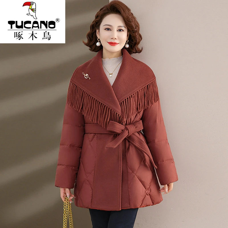啄木鸟妈妈冬装外套中长款洋气棉衣中年女装真绒棉服中老年冬季时