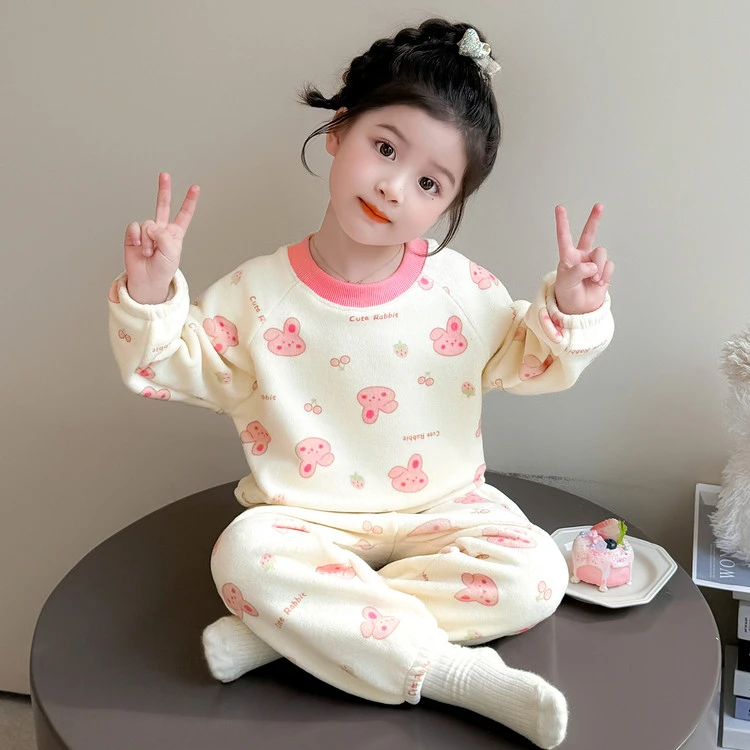 女童睡衣秋冬款加厚奥粒绒小女孩宝宝洋气冬季儿童加绒家居服套装