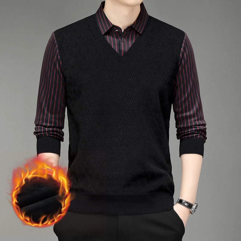 冬男假两件休闲上衣衬衫领男装Polo衫时尚长袖免烫嵌花男士中老年