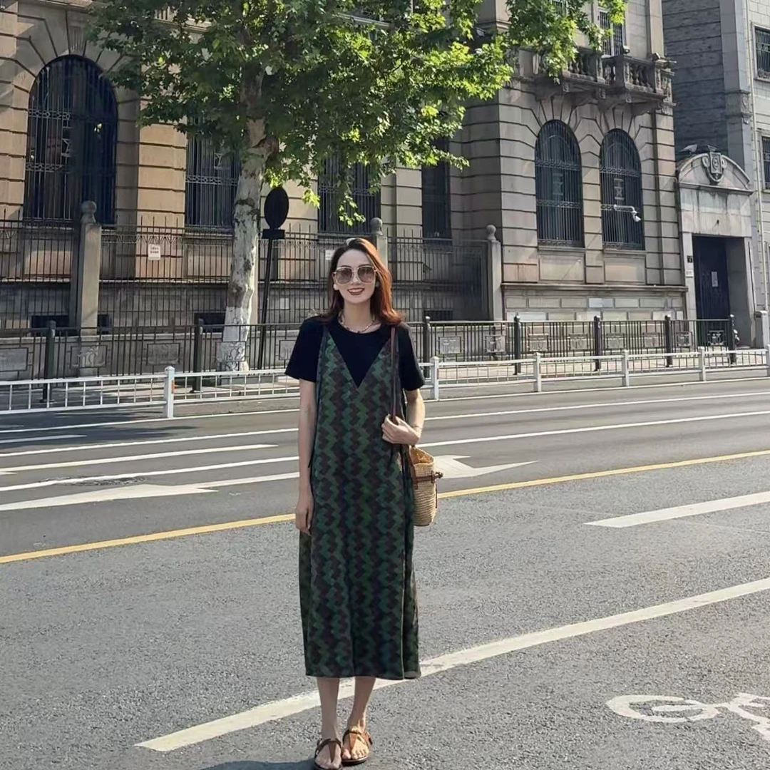 夏季新款休闲风加大加宽女假两件长款连衣裙W046