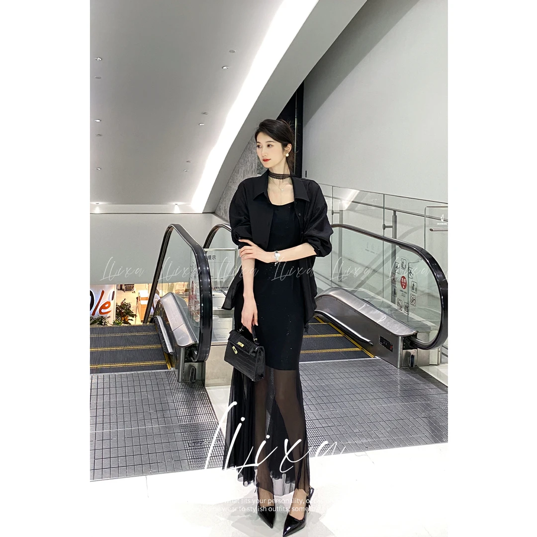 【丢丢】气质优雅黑色衬衫连衣裙女装时尚收腰裙子套装L51TZ153