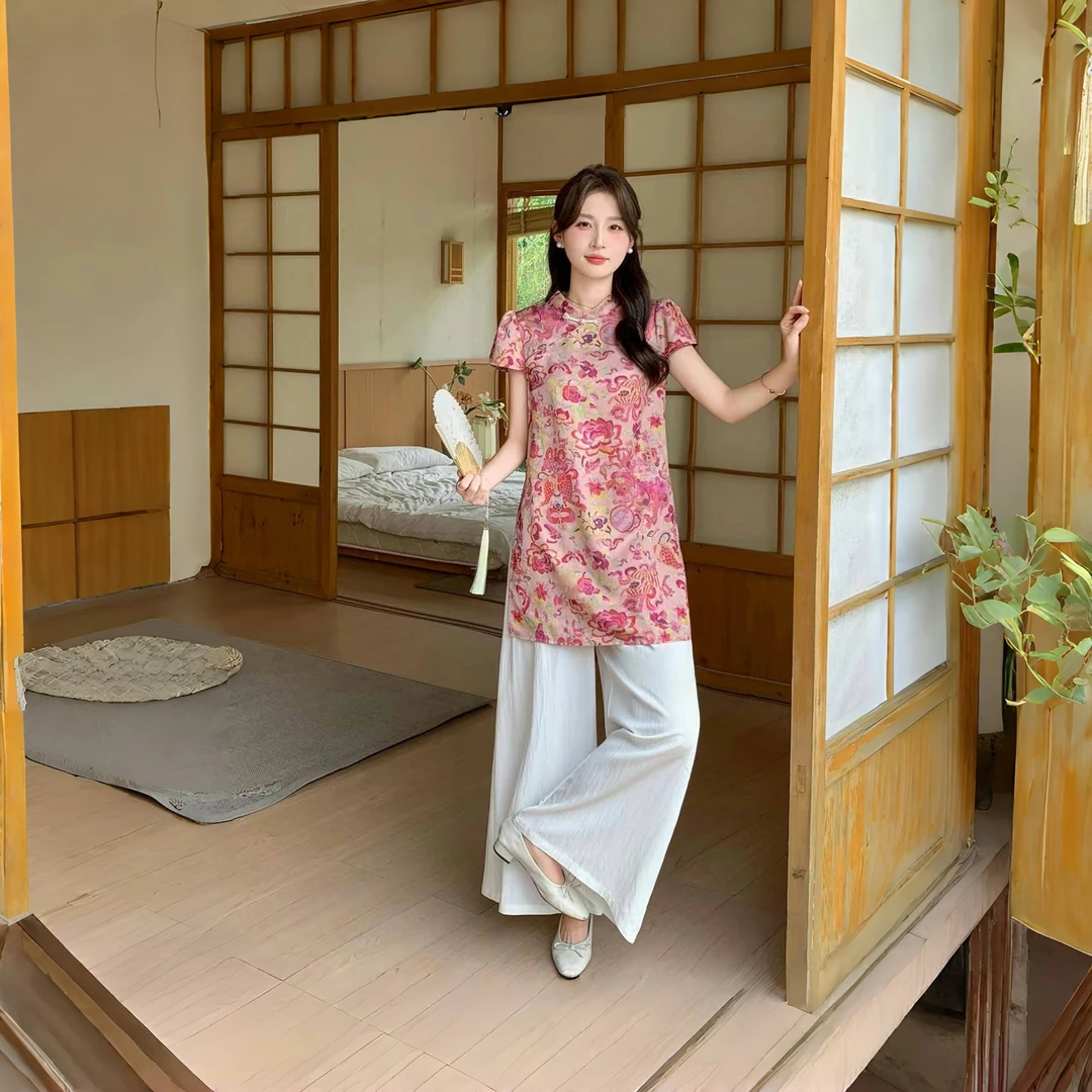 爆款新中式国风套装女夏季欧货高级感时尚印花上衣+阔腿裤两件套