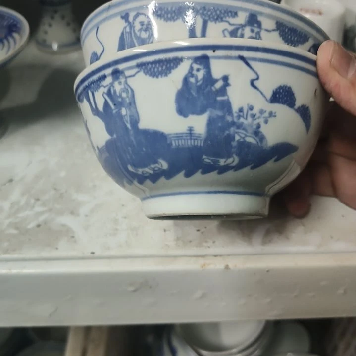 摆件小**，景德镇瓷器青花三星图饭碗两个
