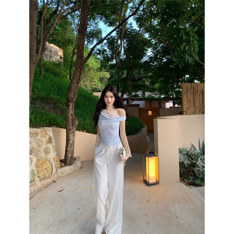 夏季洋气纯欲设计小众时髦拼接蕾丝露肩短袖上衣高腰直筒阔腿裤女