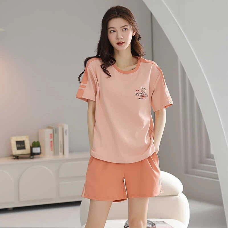 FAVMARTHA纯棉夏季睡衣女士套头睡衣夏季短袖短裤舒适休闲