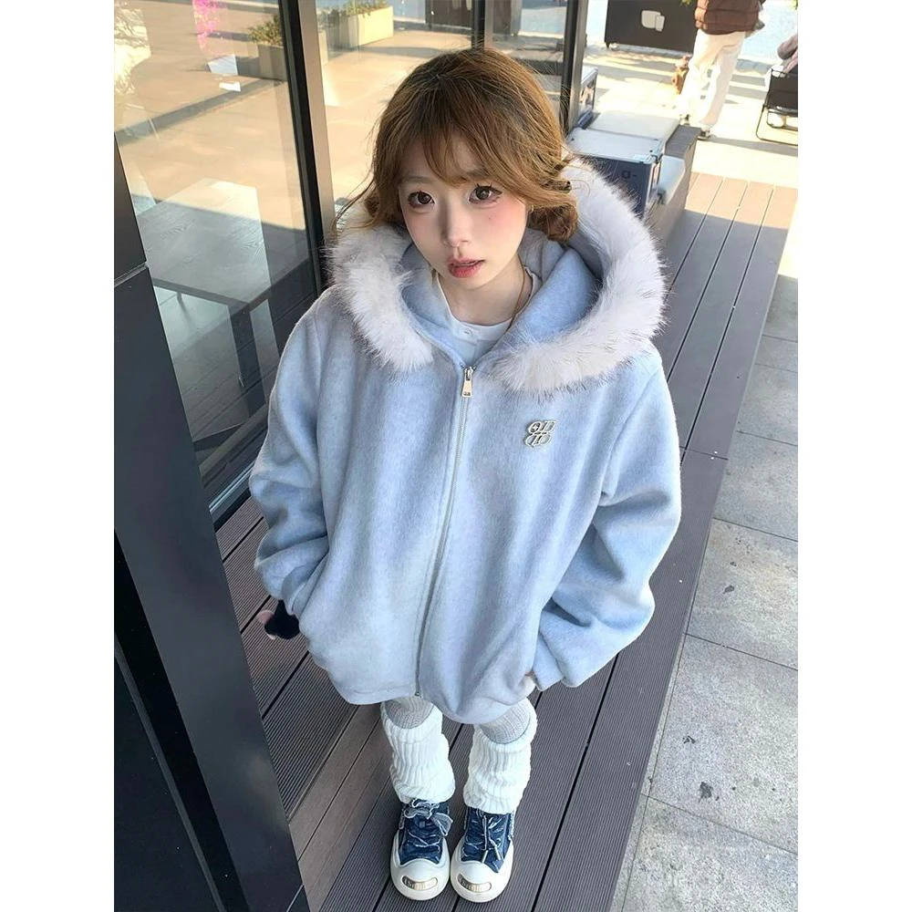 美式复古高街毛领连帽开衫卫衣外套女春秋2025oversize韩系慵懒风