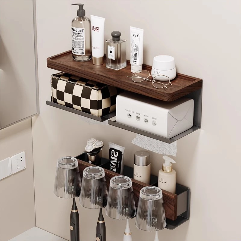 cmeo胡桃木枪灰纸巾架洗漱台牙刷架洗手卫生间胡桃木置物架锅盖