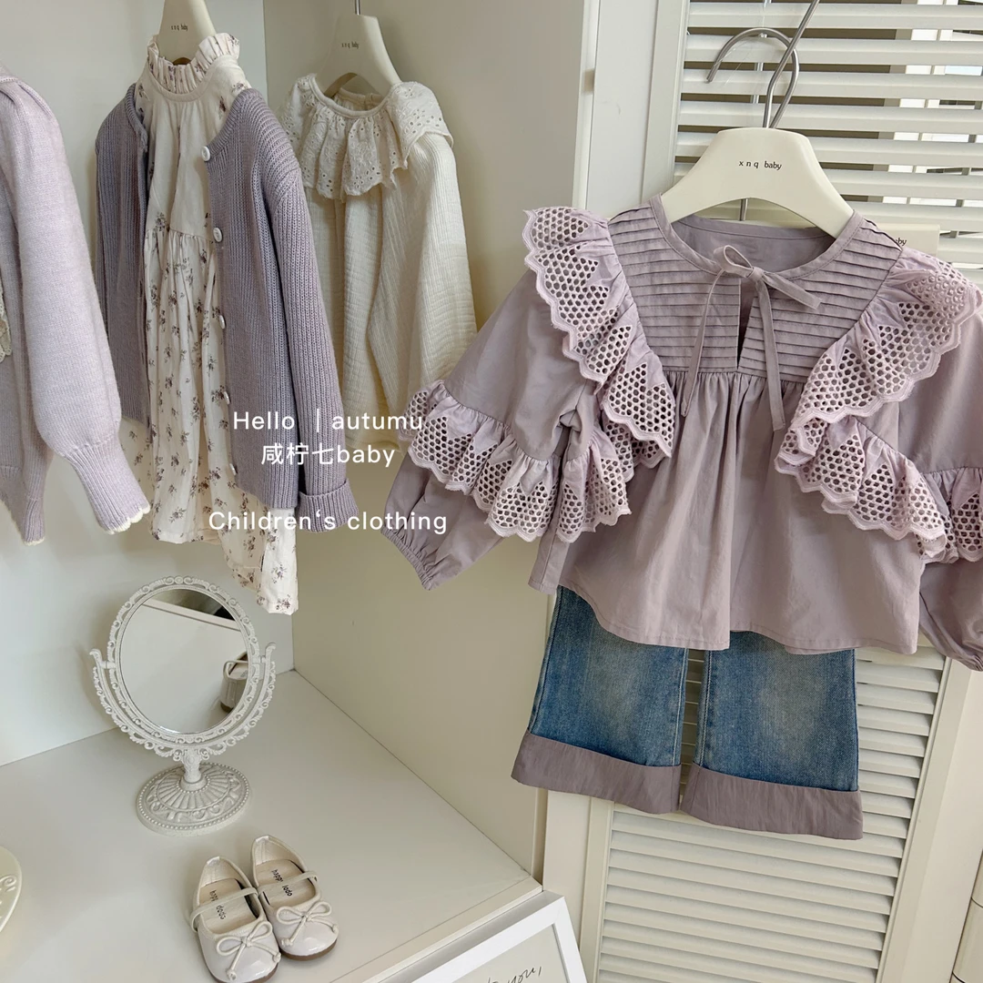 【现】童装女童时髦蕾丝衬衫秋装儿童设计感女宝娃娃衫上衣牛仔裤