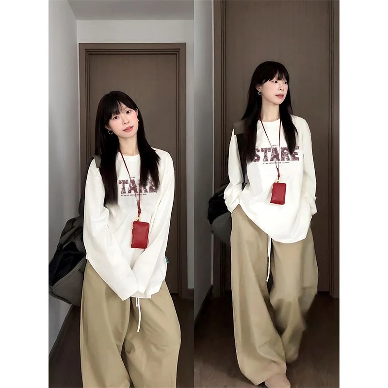 纯棉长袖T恤女秋季内搭白色打底衫韩版ins宽松小众百搭印花上衣潮