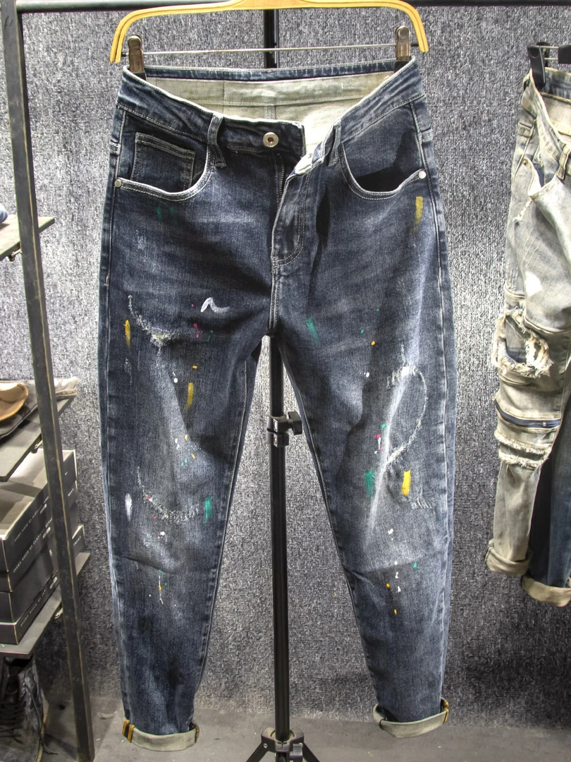 破洞牛仔裤男士春季修身小脚潮流漆点泼墨春秋款男长裤子2025新款