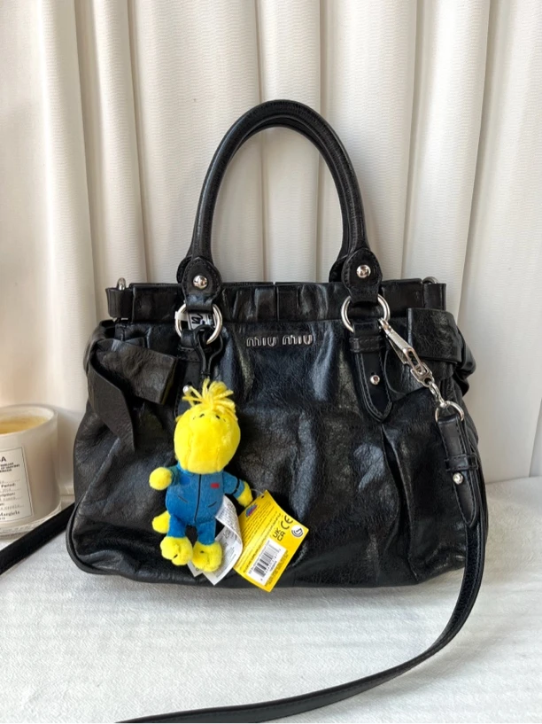 95新 MIU MIU/缪缪 黑色油蜡皮蝴蝶结托特手提单肩斜挎包