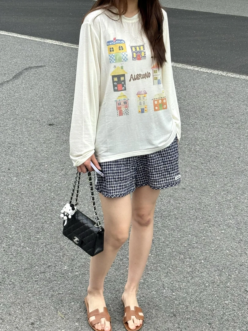 亲妈~尾2025早秋新款钉珠手绘童趣印花小房子长袖T恤女