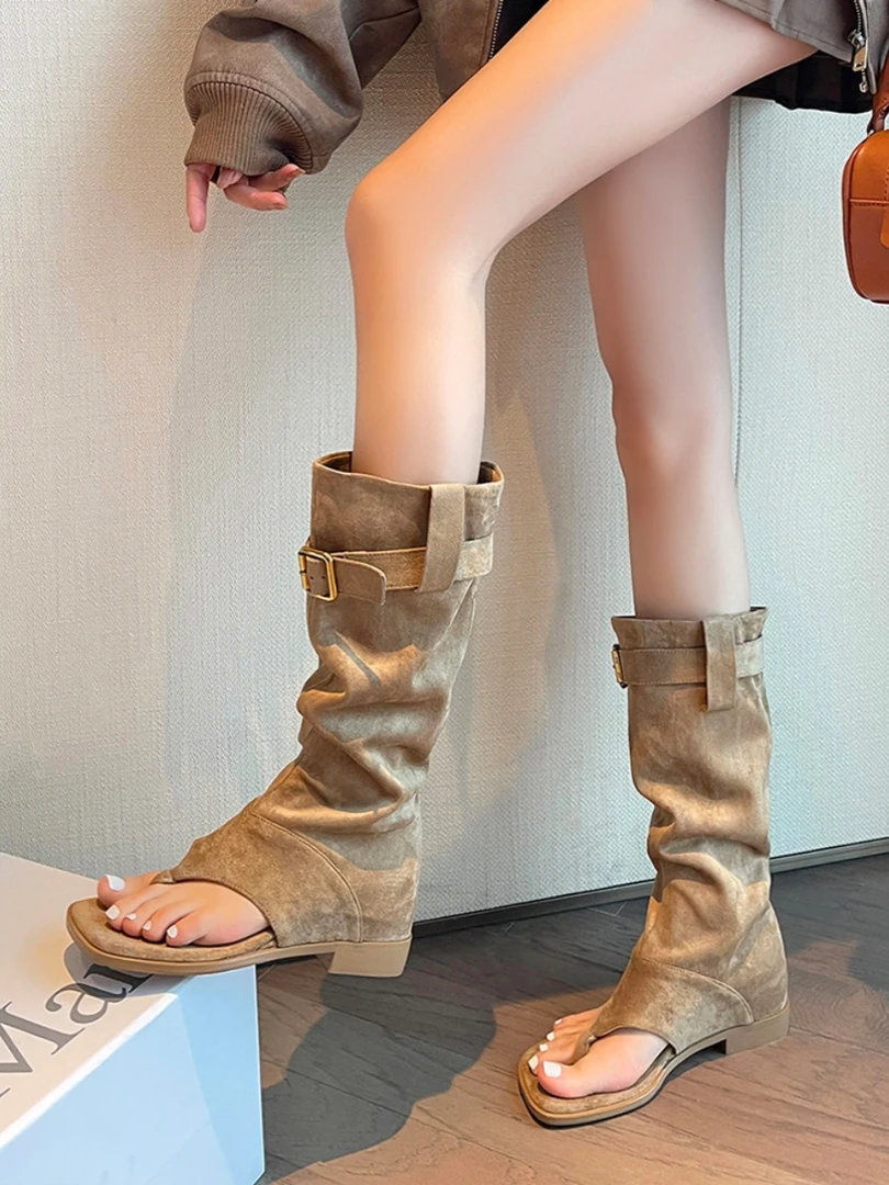 春夏季新款夹趾人字拖凉靴裤管辣妹复古西部牛仔长靴凉鞋女堆堆靴