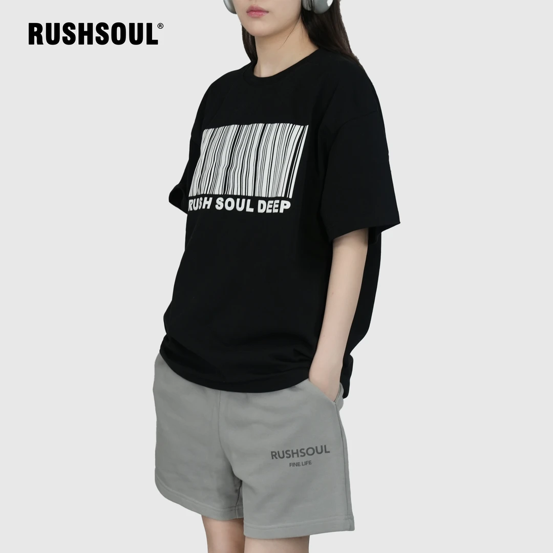 RUSHSOUL条形码350克纯棉简约基础发泡印花百搭情侣男女短袖t恤