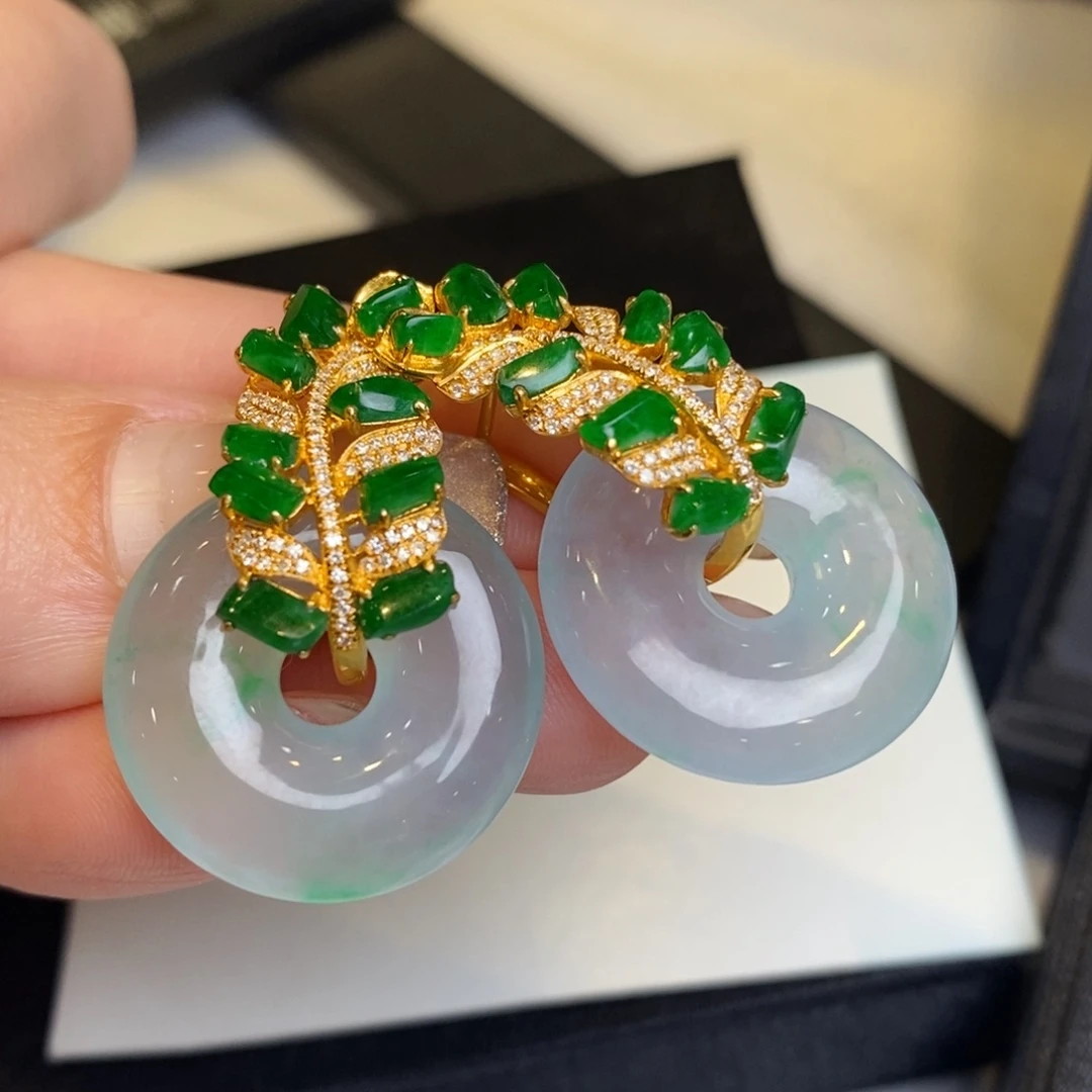 翡翠耳饰18K金镶嵌甜甜圈➕随形麦穗耳扣