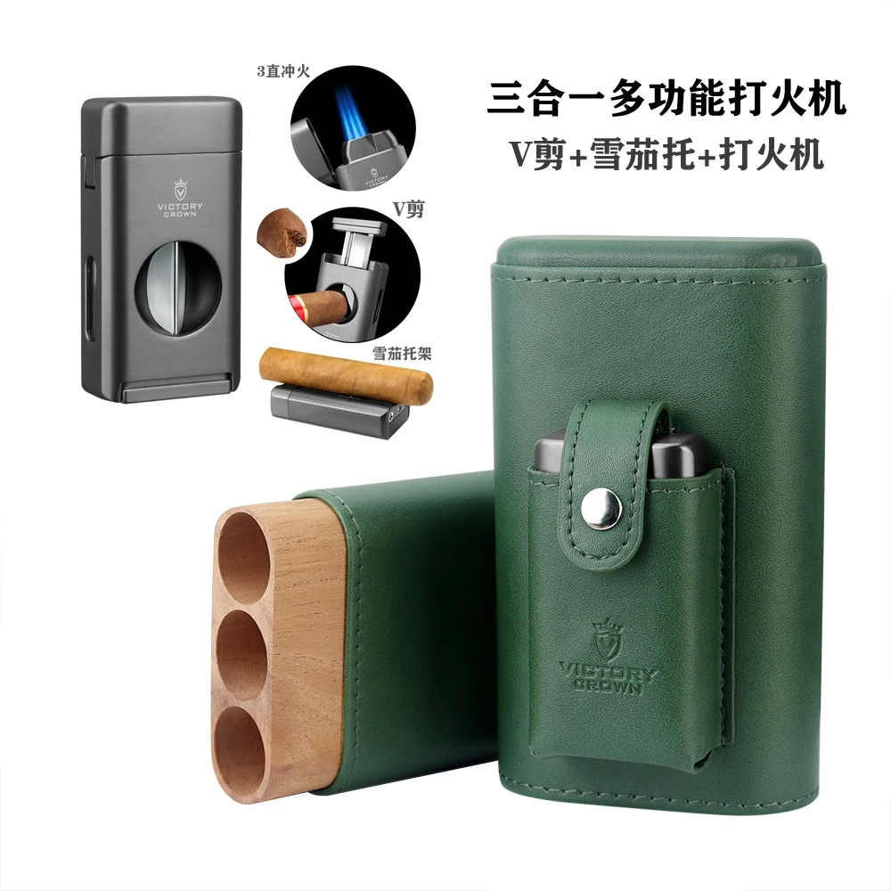 高档雪茄便携雪茄盒旅行保湿配三合一剪刀打火机雪松木实木三支装