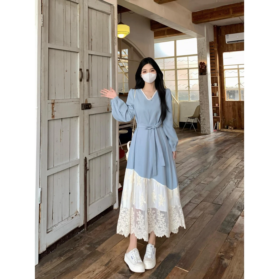 大码法式气质蕾丝拼接连衣裙女春季2025新款高级感假两件长裙