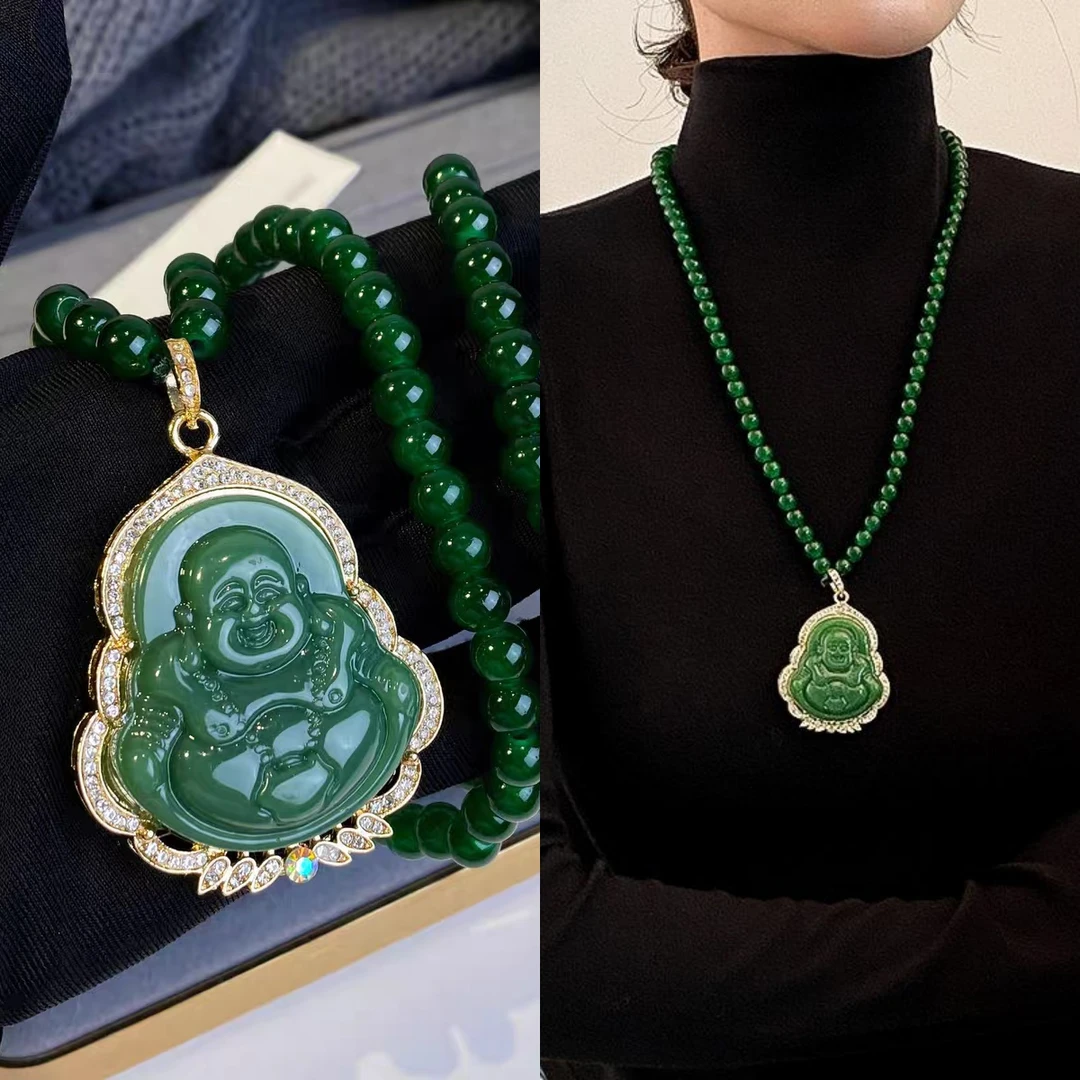 微镶钻笑口长乐弥勒佛项链复古国风洋气绿珠毛衣链配饰