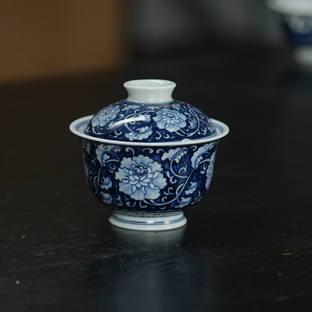 （红叶手作）大元宝盖碗-蓝底牡丹