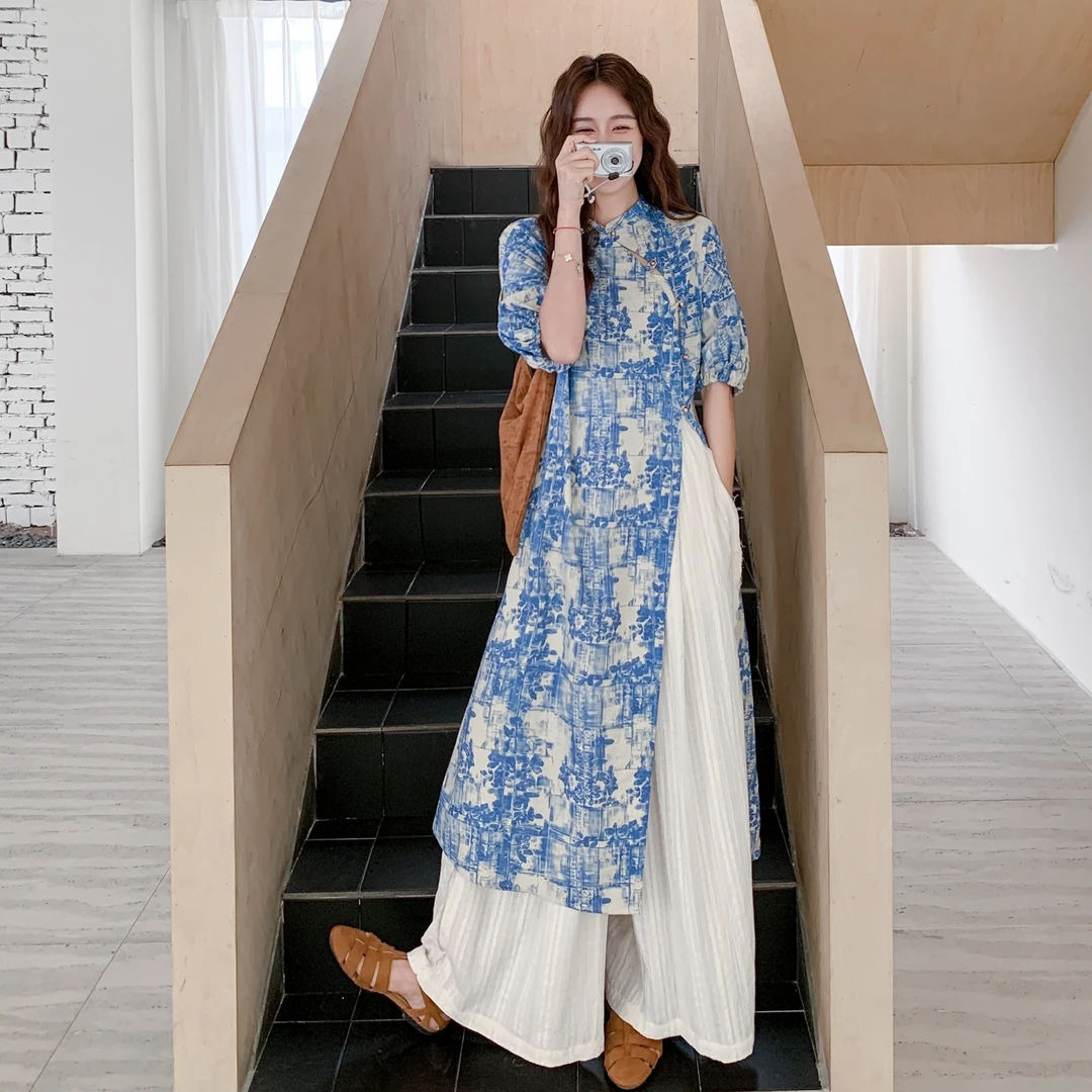 新中式国风改良旗袍阔腿裤套装女2025年夏季高级感碎花连衣裙套装