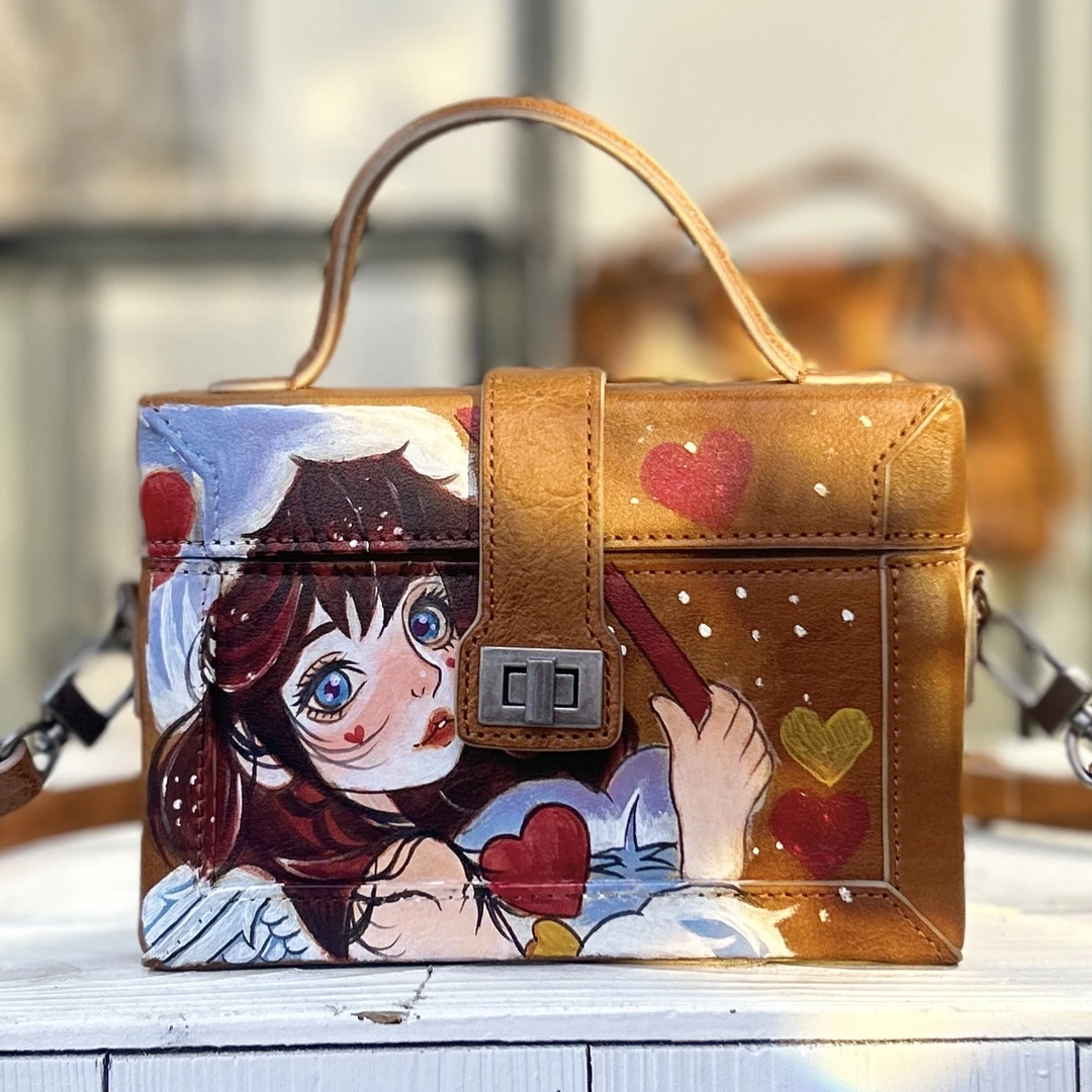 纯手工彩绘绅士兔真皮女包可手提单肩斜挎盒子包百搭女包【11135】