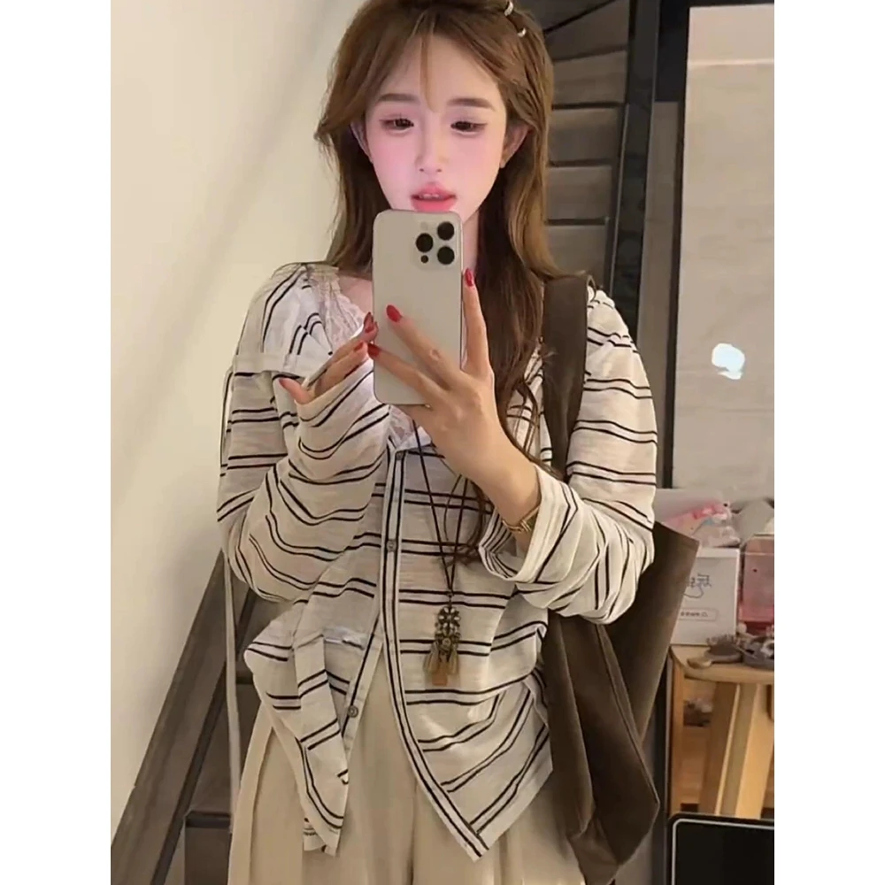 冷感纤维条纹长袖连帽开衫外套女夏季薄款防晒衫上衣时尚韩版