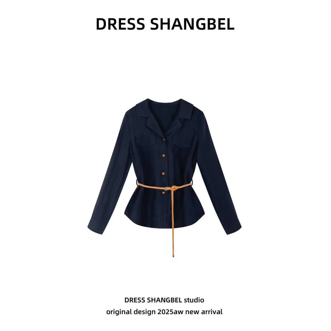 DRESS -新款C18长袖黑色捏褶衬衣秋季百搭小众韩版衬衫收腰5892H