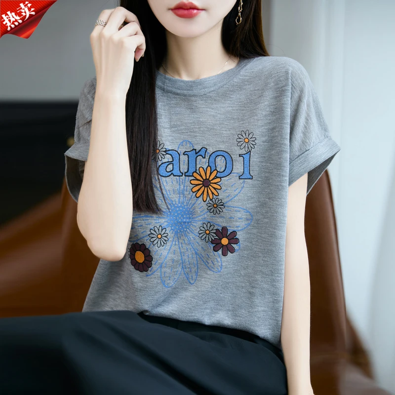 品牌2025夏季新款宽松印花圆领洋气针织衫减龄休闲百搭上衣薄款女