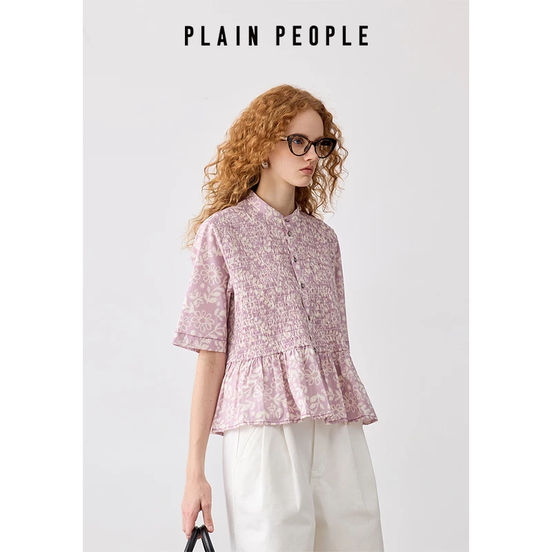 PLAIN PEOPLE法式度假打揽印花立领短袖衬衫上衣女2025夏新款