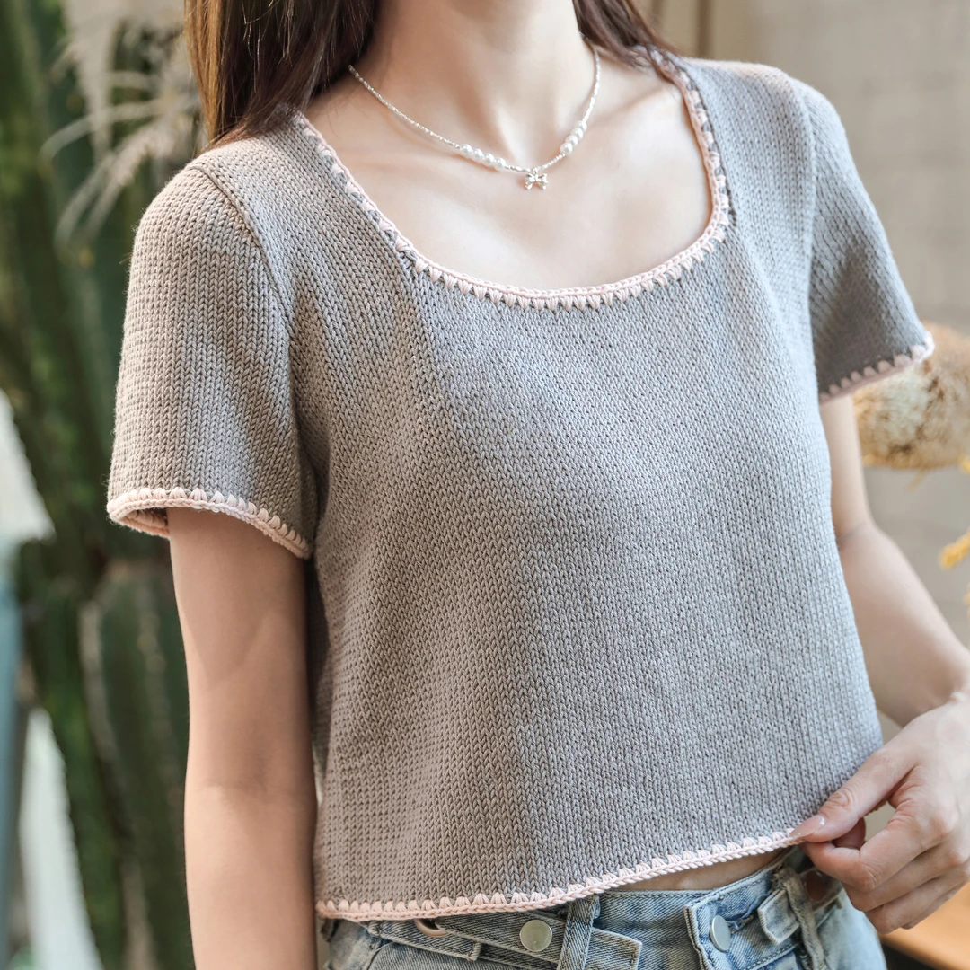 毛儿手作 茉白方领短袖材料包 棒针钩针手工编织diy制作 萌动