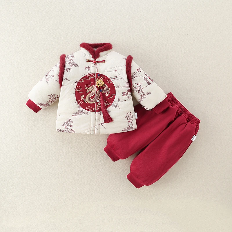 过年婴儿拜年服冬装加厚套装满月宝宝周岁礼外出服百天分体两件套